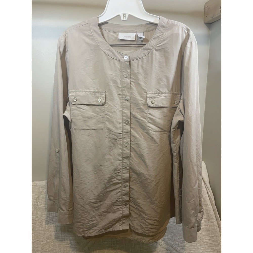 Chico's Minimalist Tan Modal Blouse Roll Tab Sleeve Button Front Top Size 2
